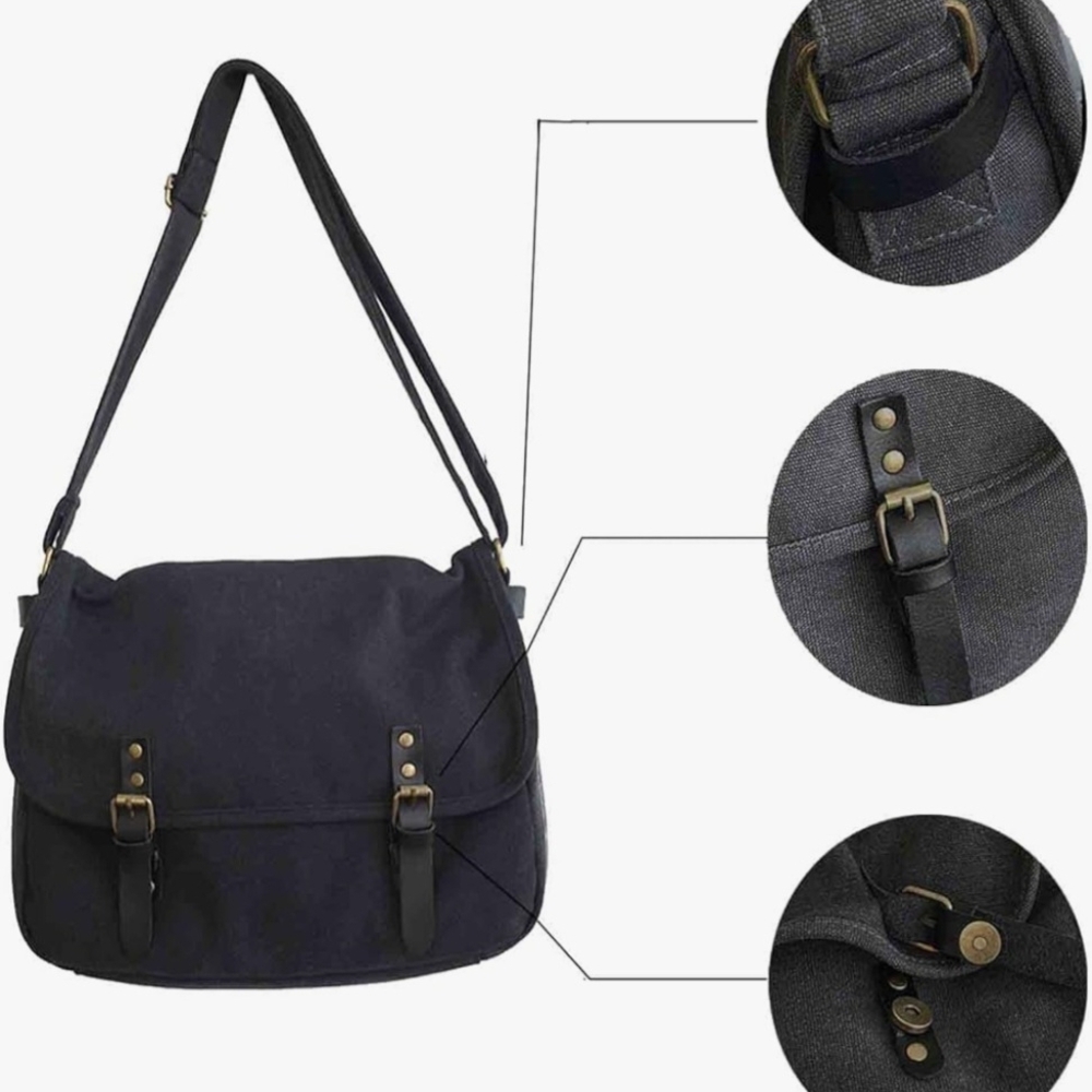 Classic Black Canvas Messenger Bag. Brand New.